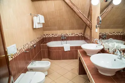 a bathroom with two sinks and a tub and two toilets at Chateau Zbiroh in Zbiroh