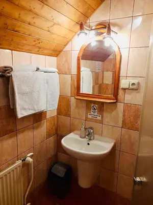 a bathroom with a sink and a mirror and towels at Restaurant a penzion Pod Draci skalou in Karlštejn