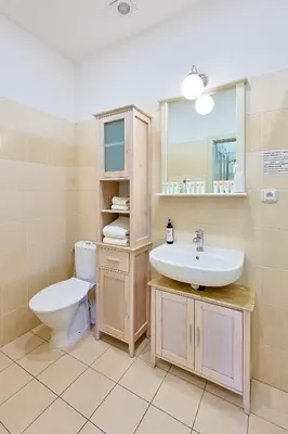 a bathroom with a sink and a toilet and a mirror at Hotel Tynec in Týnec nad Sázavou