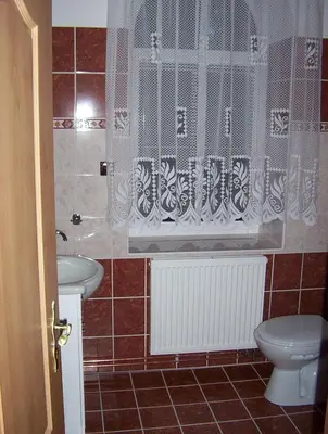 a bathroom with a toilet and a sink and a window at Penzion U červených vrat in Chudolazy