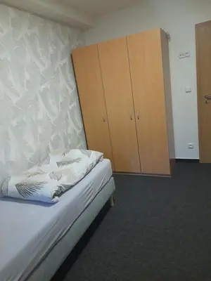 a bedroom with a bed and wooden cabinets at Penzion V Maštali in Kněževes