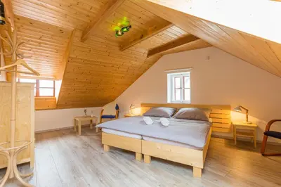 a bedroom with a bed in a room with wooden ceilings at Vinný apartmán Rakovník in Rakovník