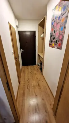 a hallway leading to a room with a painting on the wall at Prague city centre in Prague