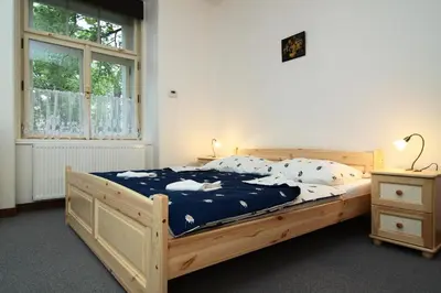 a bedroom with a wooden bed and two windows at Hotel Pod Sluncem in Třebíz