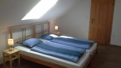 a bedroom with a bed with blue pillows on it at Písková Lhota 8 in Písková Lhota