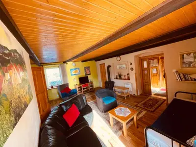 a living room with a leather couch and a wooden ceiling at Apartmány U kapličky in Kamýk nad Vltavou