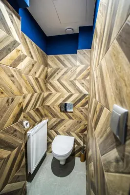 a bathroom with a toilet and a wooden wall at 3BDR RUTERRA Apt with Table Football in Prague