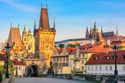 a view of a city with a cathedral and buildings at Lovely apartment, Garden, Parking, Wifi, Netflix in Prague