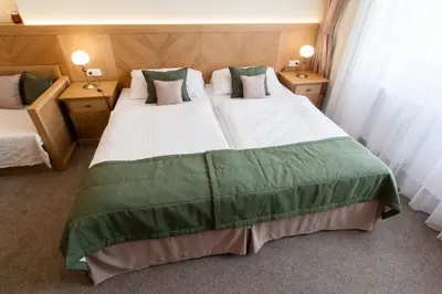 a bedroom with two beds with green and white sheets at Karlova 25 Apartments in Prague