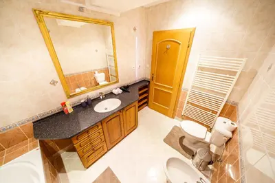 a bathroom with a sink and a toilet and a mirror at HOME ALONE 5BR+3BATH Penthouse in center of Prague in Prague