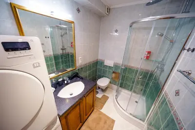 a bathroom with a sink and a shower at HOME ALONE 5BR+3BATH Penthouse in center of Prague in Prague