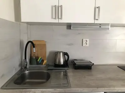 a kitchen sink with a tea kettle on top of it at Apartment Happy 11 in Prague