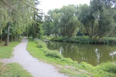 a walking path next to a river with trees at Apartments Severka in Prague