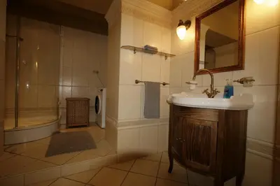 a bathroom with a sink and a shower and a mirror at Apartment No 0A Anenska 13 - Stare Mesto in Prague