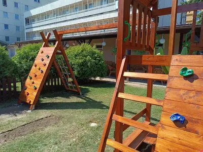 a playground with a wooden ladder and a play structure at Hotel Sport in Štětí