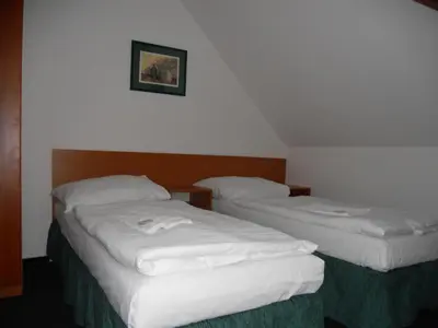 two beds in a hotel room with white sheets at Penzion Oáza in Štětí