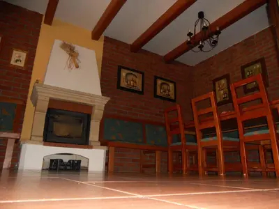 a room with a brick wall and a fireplace at Penzion Oáza in Štětí