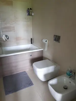 a bathroom with a toilet and a tub and a sink at Praha Karibik in Prague