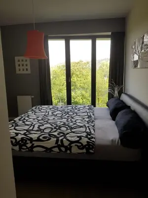 a bedroom with a black and white bed with a window at Praha Karibik in Prague