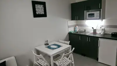 a small kitchen with a small table and a microwave at Hotel Terek in Štětí