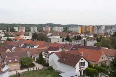 a view of a town with houses and buildings at Hotel Terek in Štětí