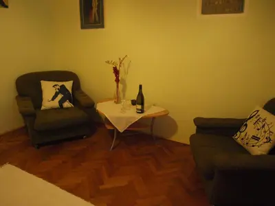 a living room with two chairs and a table with a bottle of wine at Apartmány Rossa in Louny