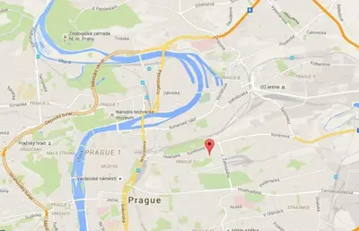 a map with a red marker on it at Romantic studio with jacuzzi in Prague