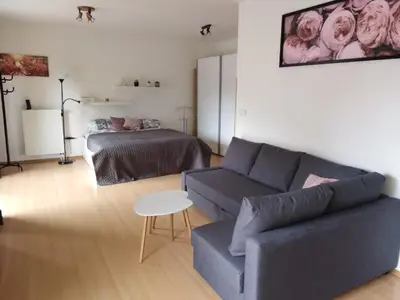 a living room with a couch and a bed at Apartment Archa Poděbrady in Poděbrady