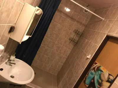 a bathroom with a sink and a shower at Penzion Nová Hospoda in Prague