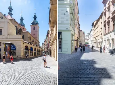 a city street with people walking on the street at Quiet apartment in the heart of Old Town centre in Prague