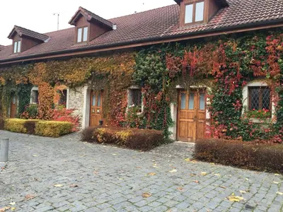 a house covered in ivy with a brick driveway at Penzion Ve stoleti in Loděnice
