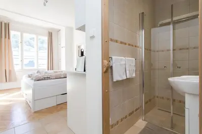 a bathroom with a shower and a sink at Cozy studio with parking near city center in Prague