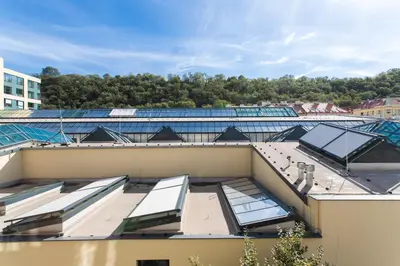 an overhead view of the roof of a building at Cozy studio with parking near city center in Prague