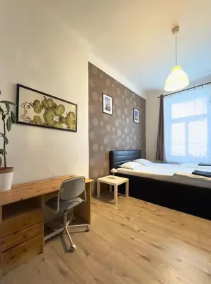 a bedroom with a desk and a bed with a window at Spacious cozy apartments in centre in Prague