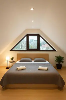 a bedroom with a large bed with a large window at Rooftop Deluxe apartment in Prague