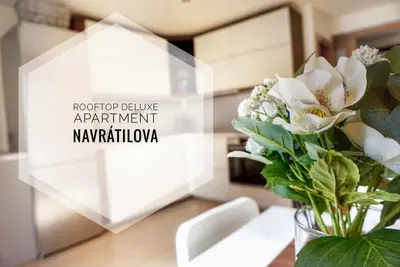 a vase of flowers on a table next to a mirror at Rooftop Deluxe apartment in Prague