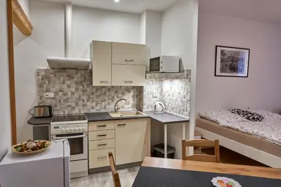 a small kitchen with a bed in a room at Krejčovství in Mělník