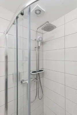 a shower with a glass door in a bathroom at Pastel Art Deco 3BDR Ruterra Apt in Prague