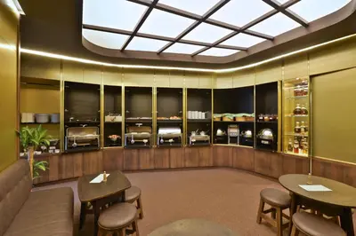 a restaurant with tables and chairs and a skylight at Hotel Hastal Prague Old Town in Prague