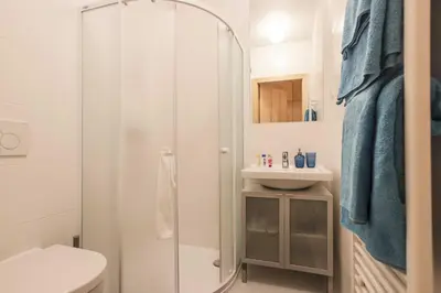 a bathroom with a shower and a toilet and a sink at Ruterra Studio with Private Terrace in Prague