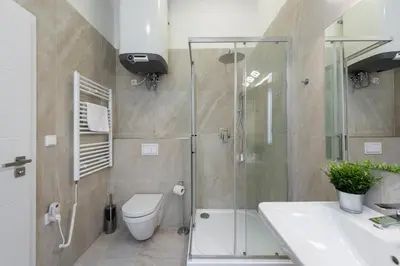 a bathroom with a shower and a toilet and a sink at Residence Tesnov Apartment in Prague