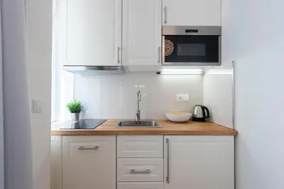 a white kitchen with a sink and a microwave at Residence Tesnov Apartment in Prague
