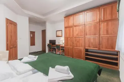 a bedroom with a large bed and wooden cabinets at Hotel Peko in Prague