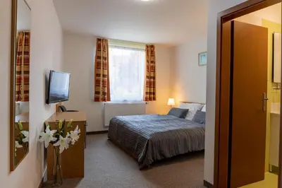 a hotel room with a bed and a television at Hotel Kanarek in Prague