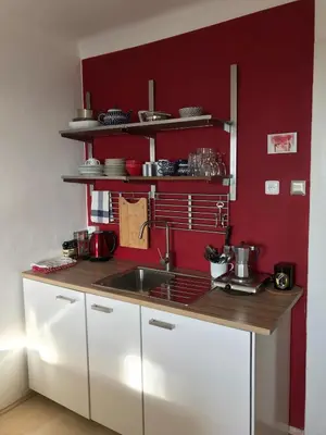 a kitchen with white cabinets and a red wall at Cosy Flora Nest in Prague