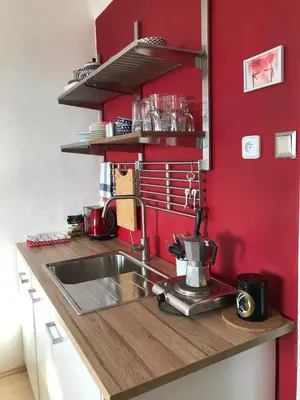 a kitchen with a sink and a red wall at Cosy Flora Nest in Prague