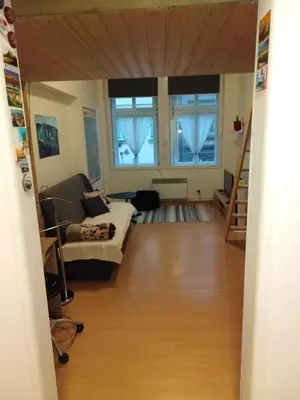 a living room with a couch and two windows at Studio Husitská 114/74 in Prague