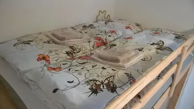 a bed with a bedspread with insects on it at Studio Husitská 114/74 in Prague