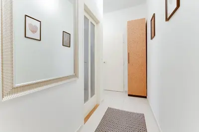 a hallway with a mirror and a door with a rug at Apartment Alex in Prague