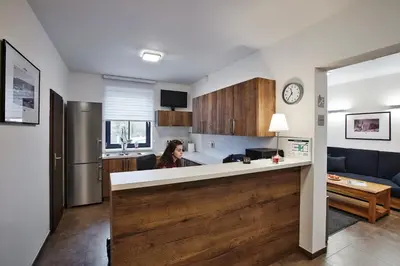 a woman sitting at a counter in a kitchen at Penzion Al Capone Mníšek in Mníšek pod Brdy